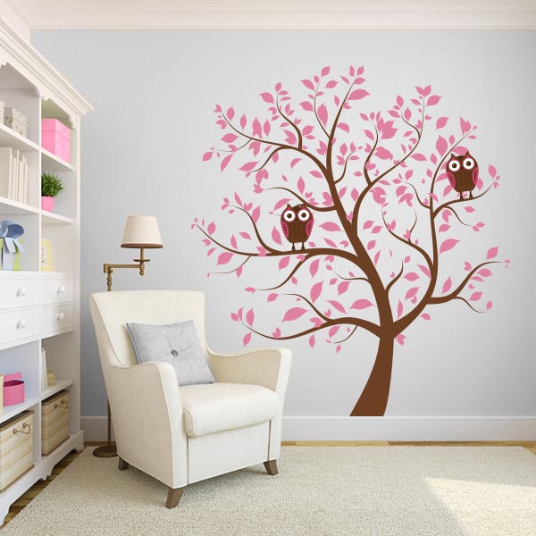 Pink Nursery Tree with Owls Wall Decal